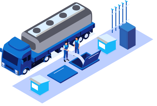 Isometric illustration of a fuel tanker truck at a loading dock with three workers gathered around a laptop and nearby equipment.