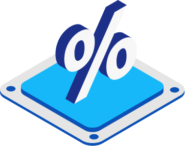 Isometric illustration of a white percent symbol over a blue square platform, symbolizing a discount or interest rate.